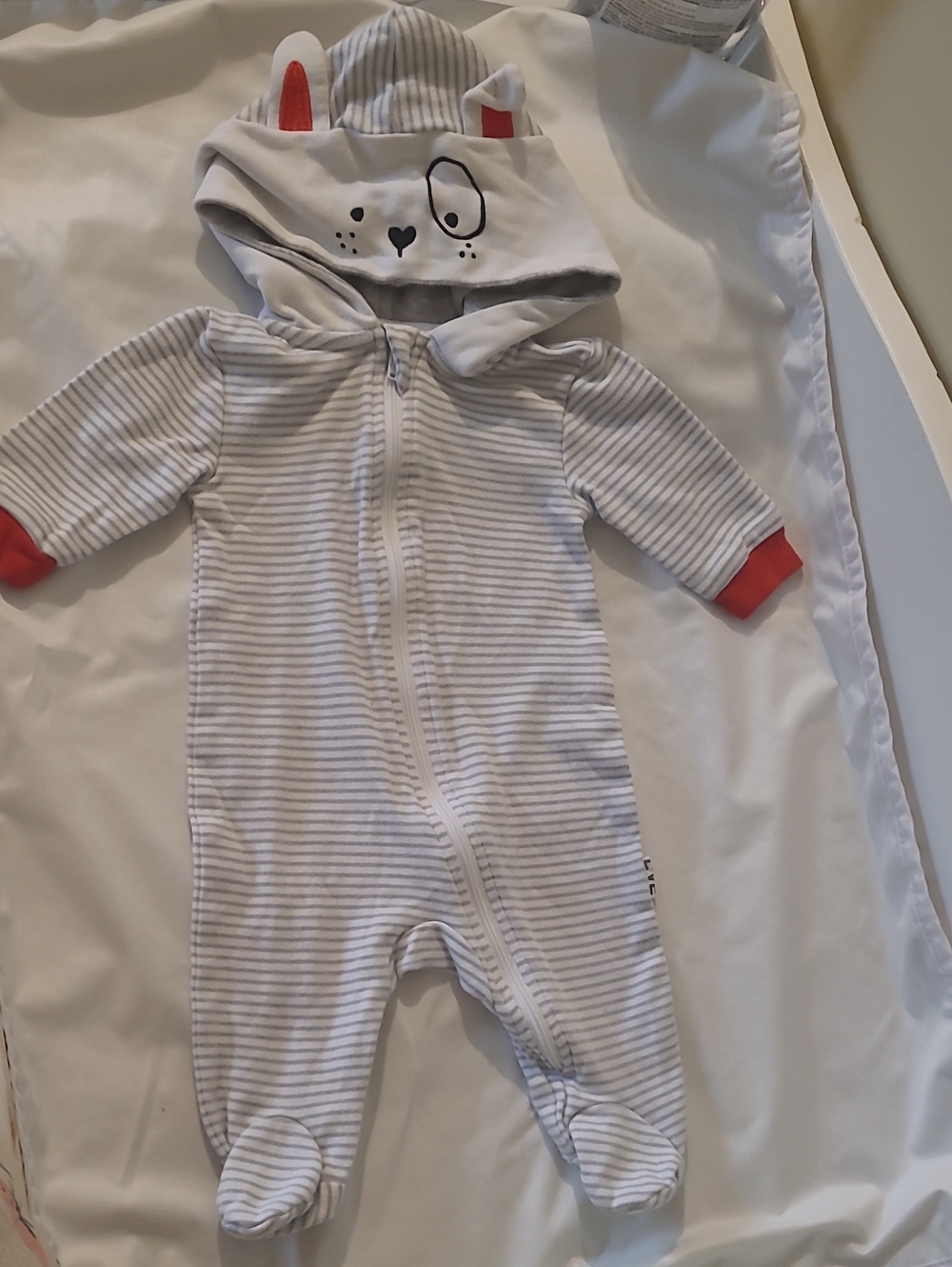 Ellen Degeneres Gray & White Striped Hooded Baby One-Piece with Red Cuffs